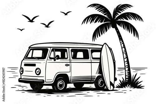 Minimalist black and white line illustration of a camper van, surfboard, palm tree, ocean waves, and birds.