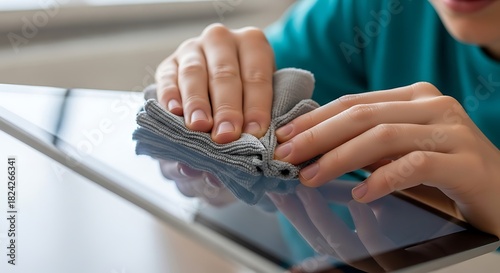 Close-up of hands cleaning a digital tablet screen with a microfiber cloth, highlighting device care and hygiene.