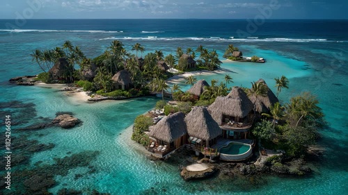 A secluded luxury villa on a private island, featuring overwater bungalows