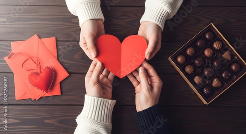 Hands exchanging a red paper heart with chocolates