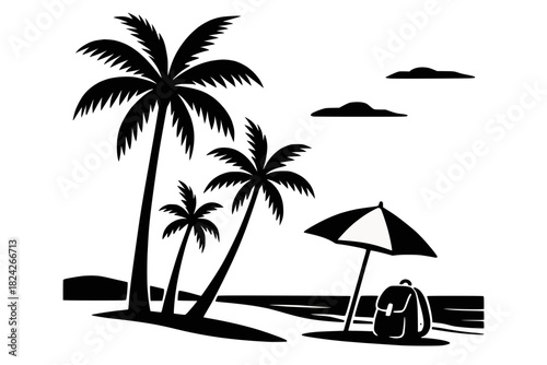 Minimalist black and white line illustration of palm trees, beach umbrella, backpack, and shoreline.