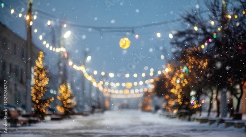 Winter street view with falling white snow, blurred city lights, street lamps, and lined shops and houses. Soft, wintry urban scene capturing snowy night, glowing lights and cozy neighborhood charm.