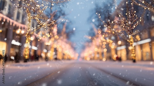 Winter street view with falling white snow, blurred city lights, street lamps, and lined shops and houses. Soft, wintry urban scene capturing snowy night, glowing lights and cozy neighborhood charm.