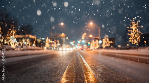 Winter street view with falling white snow, blurred city lights, street lamps, and lined shops and houses. Soft, wintry urban scene capturing snowy night, glowing lights and cozy neighborhood charm.