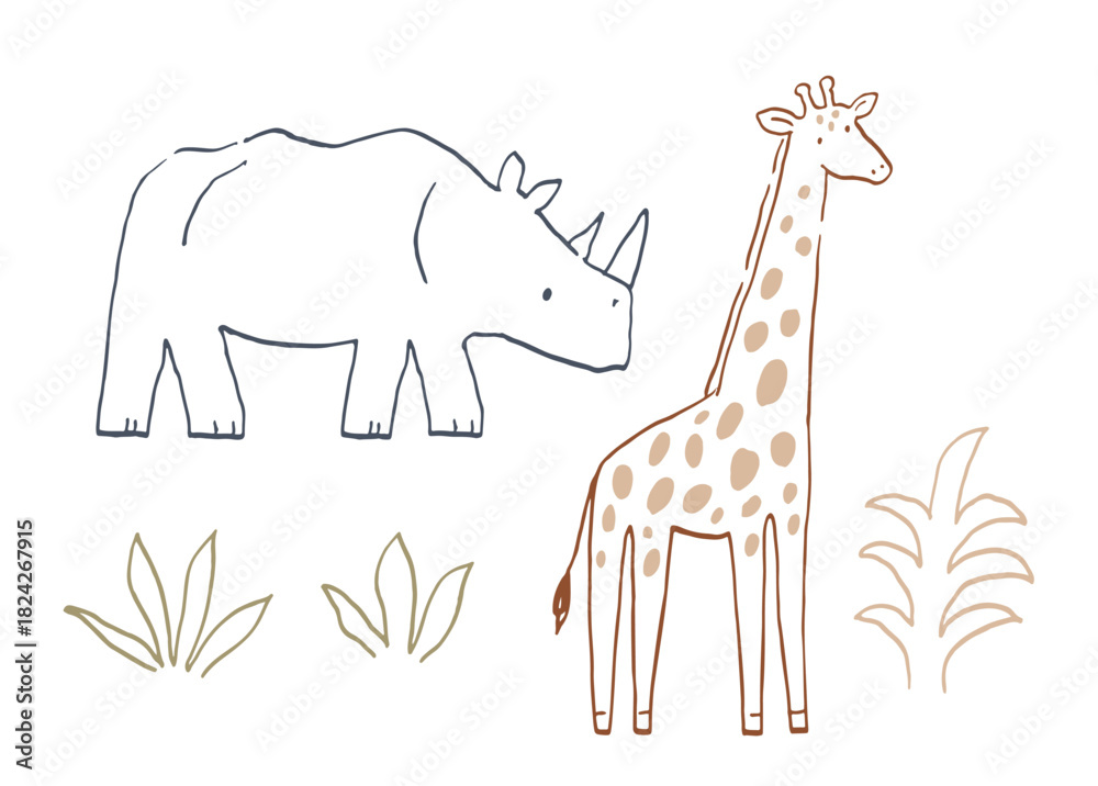 Obraz premium Safari animals cute illustration in doodl style. Outline hand drawn print. African wild animals character