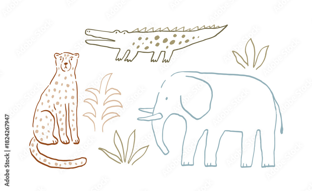 Obraz premium Safari animals cute illustration in doodl style. Outline hand drawn print. African wild animals character