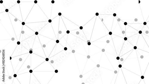 Abstract Minimalist White Background Connected Node Network with Black & Grey Dots. Geometric Tech Concept for Data Structure, Neural Mesh, Business Presentations, & Web Design.