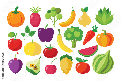 Diverse fresh fruits and vegetables like pumpkin, banana, apple, broccoli are arranged together
