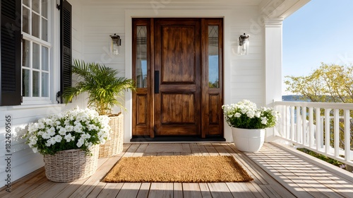 Welcoming timber front door of a home features a coir doormat and potted white flowers on the porch with bright daylight and white siding.