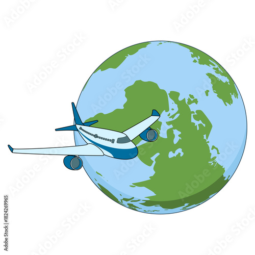An illustration of an airplane flying around the world globe, symbolizing travel and global connectivity