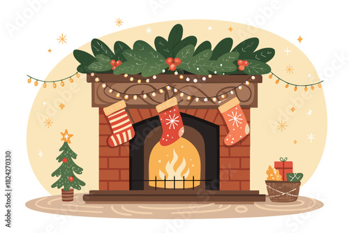 Elegant Fireplace With Christmas Stockings Decorat Professional Photo
