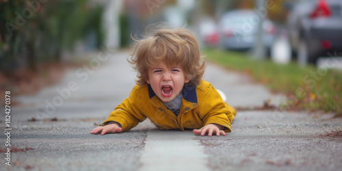 Fototapeta Naklejka Na Ścianę i Meble -  Toddler having a temper tantrum on the street. Sad child screaming in anger in public. Kid misbehaving crying loudly.
