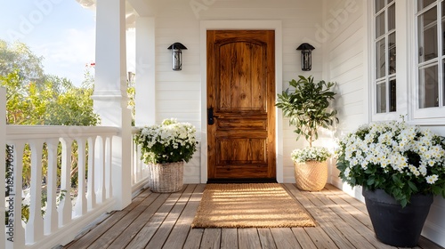 Welcoming timber front door of a home features a coir doormat and potted white flowers on the porch with bright daylight and white siding.
