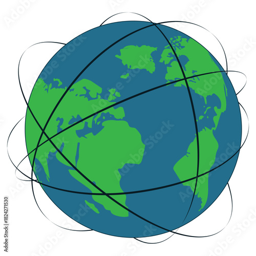 A flat design illustration of the Earth globe showing continents and white meridian lines