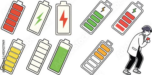 Battery level indicators. Colorful battery charge level icons. Battery power level pictograms in outline style. Vector