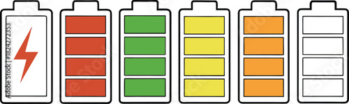 Battery level indicators. Colorful battery charge level icons. Battery power level pictograms in outline style. Vector