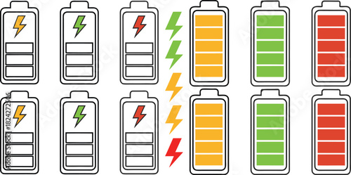 Battery level indicators. Colorful battery charge level icons. Battery power level pictograms in outline style. Vector