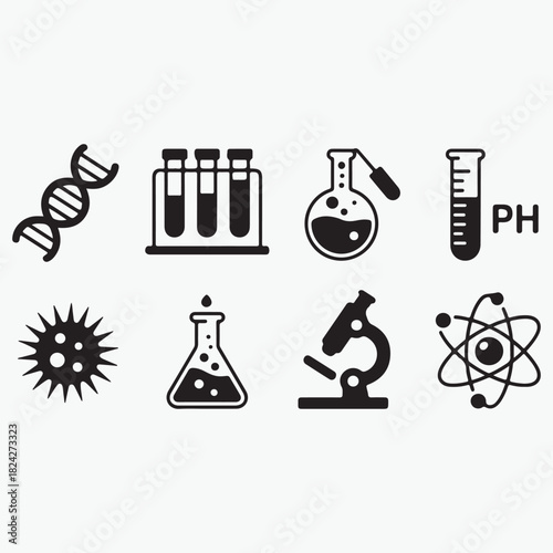 Science icons D N A microscope test tubes atom virus beaker