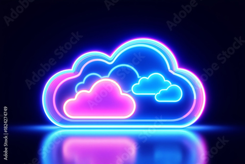 Neon Cloud Illustration: Glowing Cloud Computing Concept, Digital Storage, Modern Tech Art, Blue & Pink Cloud Design on Dark Background