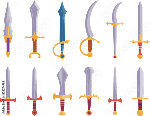Assorted Fantasy Swords Collection Flat Design illustration