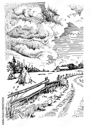 Panorama of a rural landscape with pastures. Meadow, pasture, farm.  Pen sketch converted to vector.