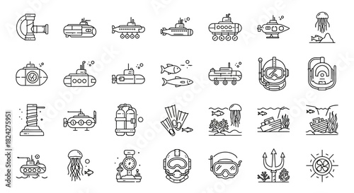Collection of Hand-Drawn Underwater Exploration and Marine Life Icons in Black and White.