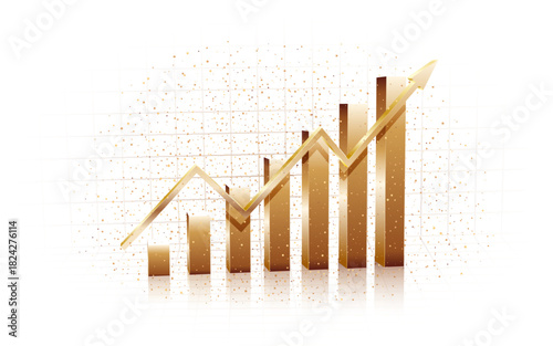Dynamic upward trending graph in gold hues, featuring house icons and rising bars on a grid, symbolizing booming property market and investment success
