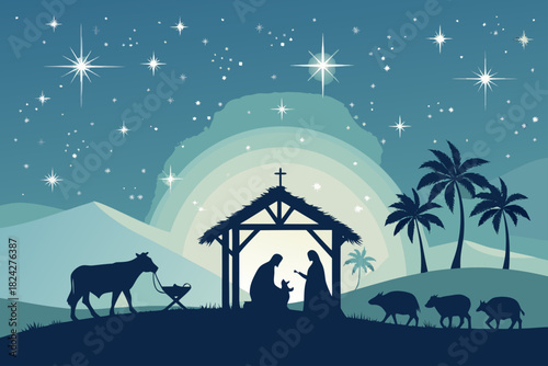 Showcasing Nativity Scene Silhouette With Stars And Elegant Premium Digital Asset