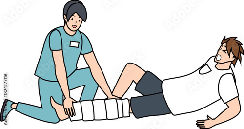 ケガをした男性を介助する医療スタッフ