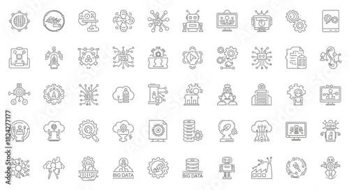 Collection of Line Art Icons Representing Artificial Intelligence and Technology Concepts.