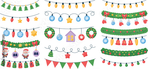 Christmas Holiday Lights And Decorations With Santa And Garlands vector illustration