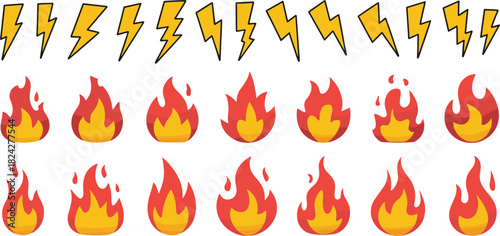 Collection of cartoon lightning bolts and fire flame icons thunder electricity