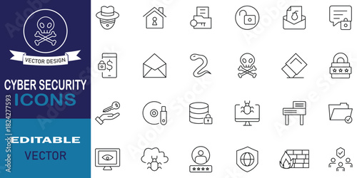 Cyber security line icon pack expressing, technology, network, computer, lock, antivirus, password, privacy, secure login, shield, key, padlock, secure, phishing and more. Vector illustration.