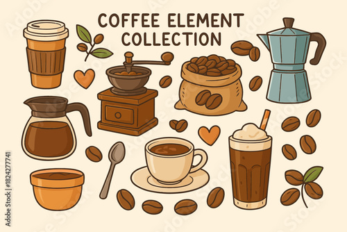 vector illustration of a colorful coffee elements