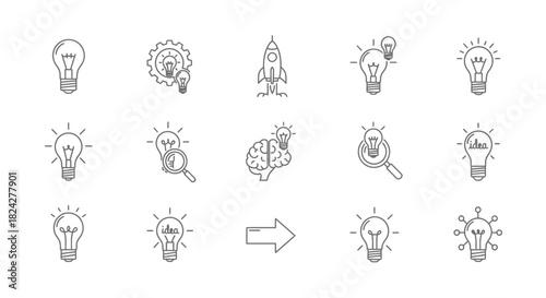Collection of Linear Idea Generation Icons - Lightbulbs, Brain, Rocket, Gear, Arrow, Magnifying Glass.