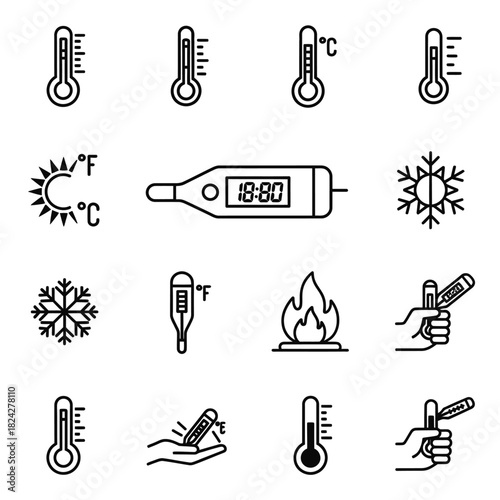 Collection of Medical and Weather Thermometer Icons.