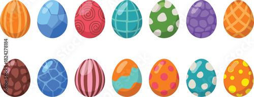 Collection of twelve colorful decorated Easter eggs with various patterns Keywords: easter eggs