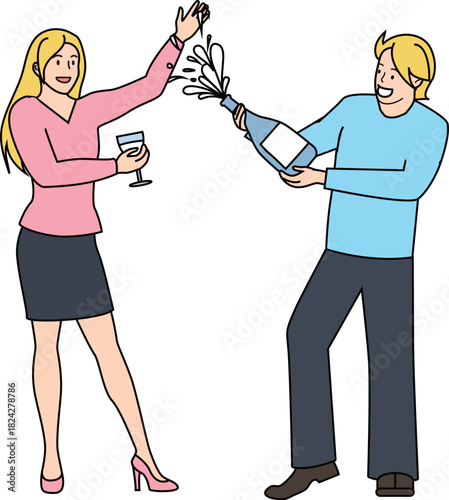 パーティーでスパークリングを開ける男女