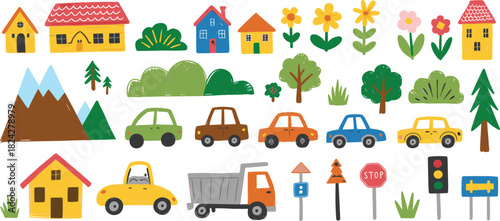 Colorful hand-drawn cartoon elements of houses cars trees mountains and signs Keywords: houses