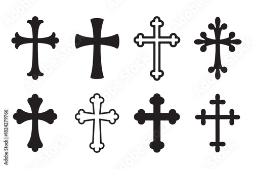  Collection of eight different christian cross symbols in silhouette style