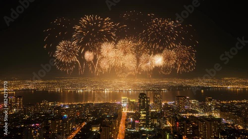 Spectacular Fireworks Display Over a Sparkling City Skyline at Night Keywords: fireworks, celebration, city, skyline, night, urban