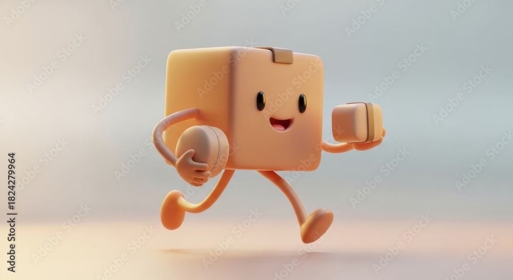 Fototapeta premium Happy 3D Box Character with Arms and Legs Running to Deliver Smiles