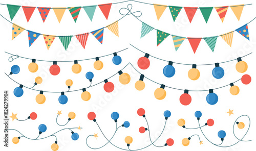 Festive collection of colorful bunting flags and string lights Keywords: bunting, flags, garland