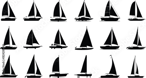 Fifteen Black Silhouette Icons of Sailboats and Yachts ship sailing