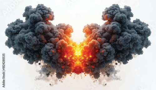 Dramatic symmetrical explosion with dark billowing smoke and bright fiery core on a white background, creating a powerful abstract blast effect ideal for energy, impact, and cinematic visuals.