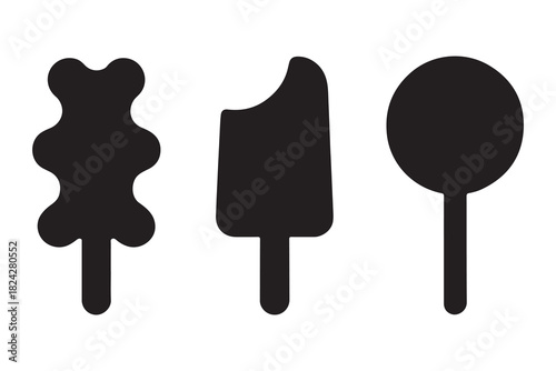  Three distinct frozen dessert silhouettes on sticks including a gummy bear shape popsicle and lollipop silhouette