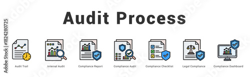 Audit Process Modern and clean web banner illustration featuring thematic icons for visual communication