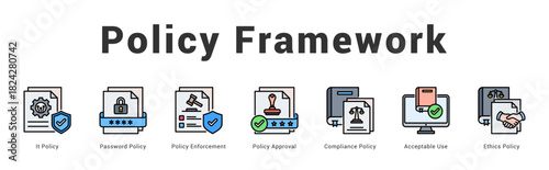 Policy Framework Modern and clean web banner illustration featuring thematic icons for visual communication
