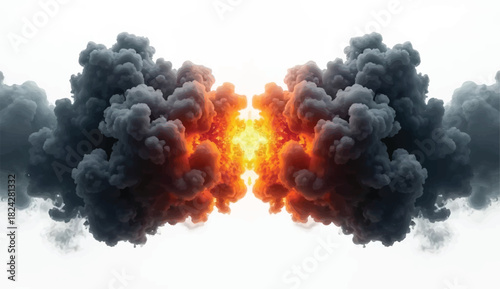 Dramatic symmetrical explosion with dark billowing smoke and bright fiery core on a white background, creating a powerful abstract blast effect ideal for energy, impact, and cinematic visuals.