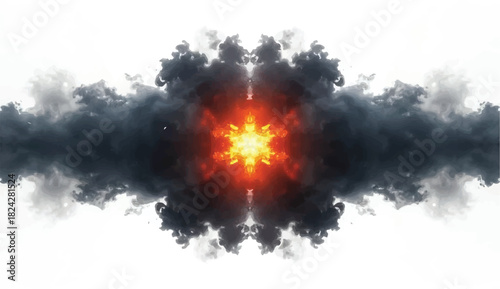 Dramatic symmetrical explosion with dark billowing smoke and bright fiery core on a white background, creating a powerful abstract blast effect ideal for energy, impact, and cinematic visuals.